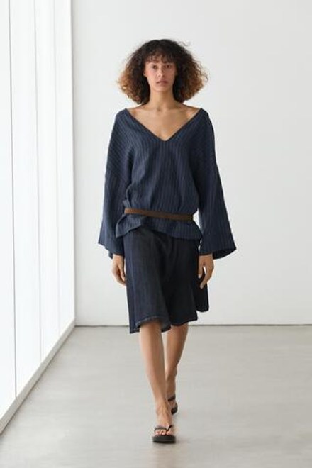 Massimo Dutti Льняная блуза в полоску с деталью на спине, темно-синий