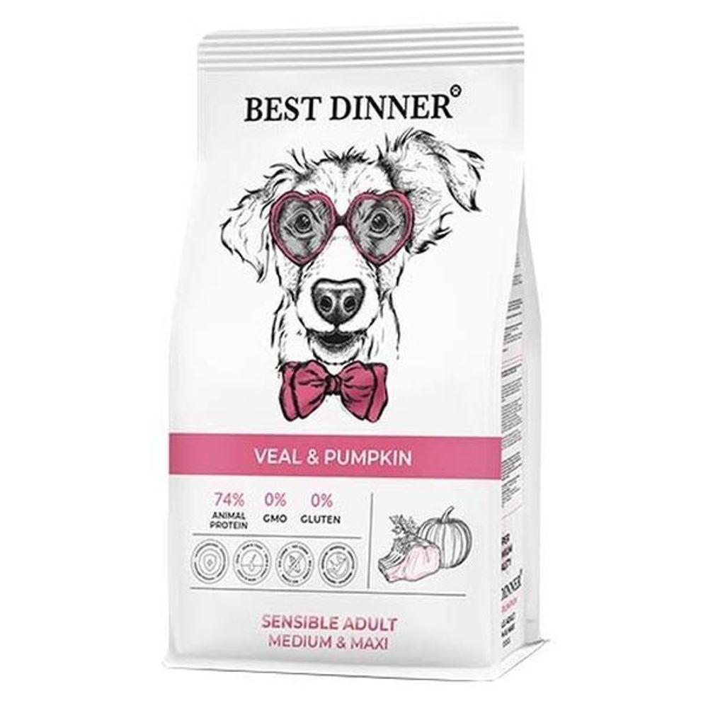 Best Dinner Adult Sensible Medium&amp;Maxi для собак средних и крупных пород с Телятиной и тыквой 12 кг