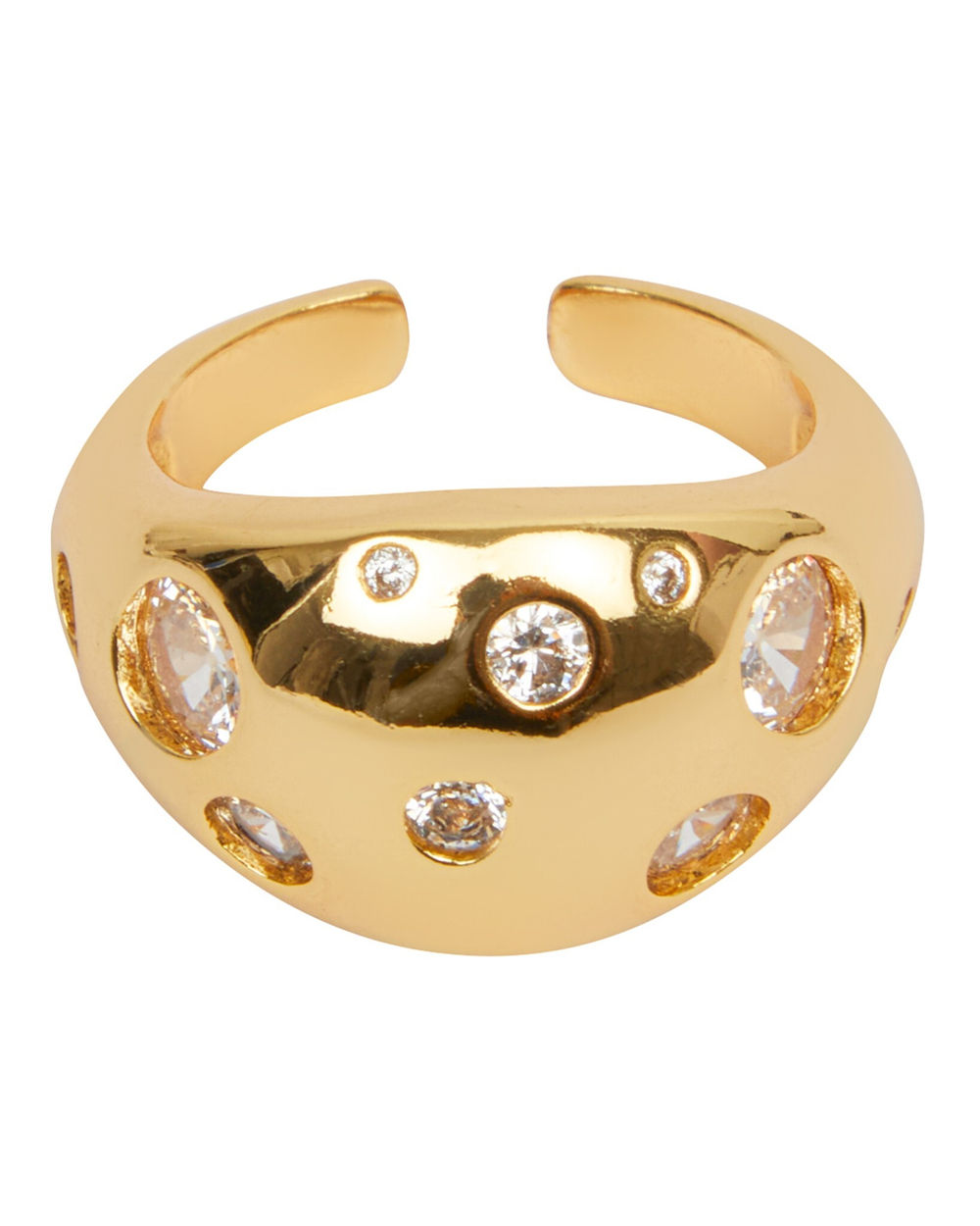 Кольцо дутое, круглые крупные цирконы, золото