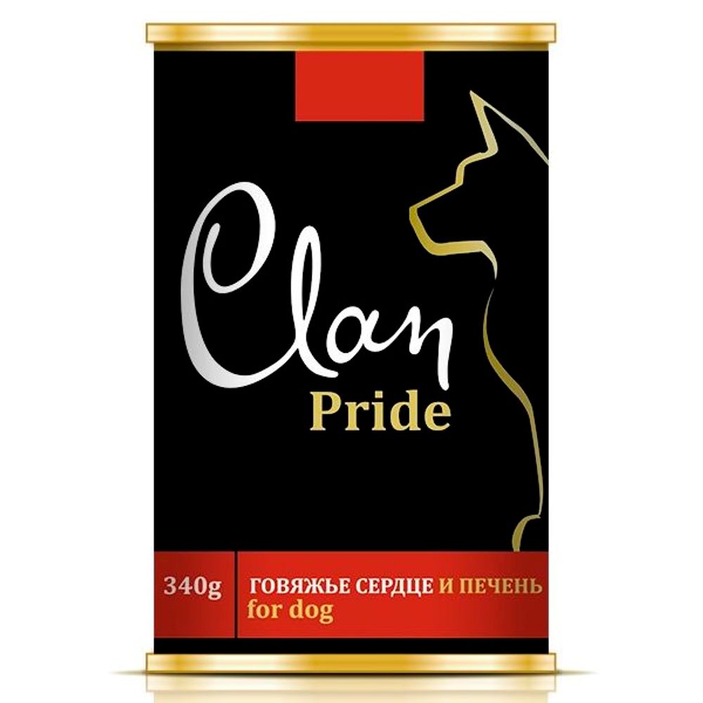 Влажный корм для собак CLAN PRIDE кусочки говяжьего сердца и печени в желе, банка 340 г