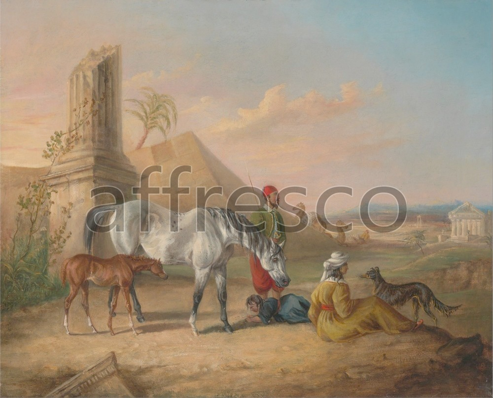 Фреска George Henry Laporte, Grey Arabian mare and foal with a family