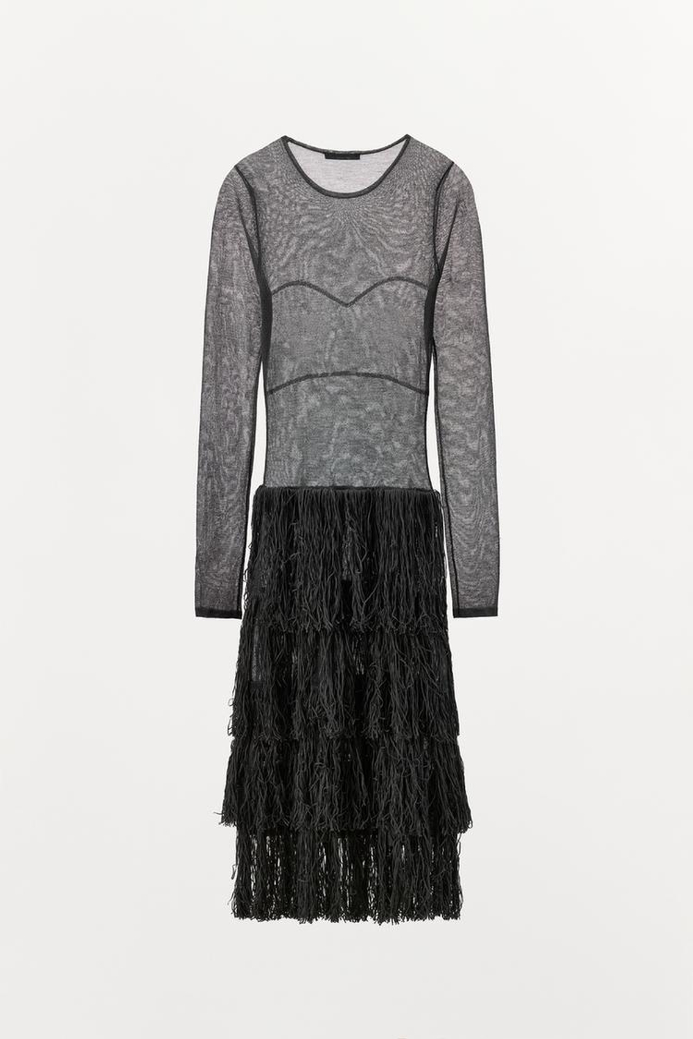 ZARA ВЯЗАНОЕ ПЛАТЬЕ С МЕТАЛЛИЗИРОВАННОЙ НИТЬЮ И БАХРОМОЙ, СЕРО-СИНИЙ