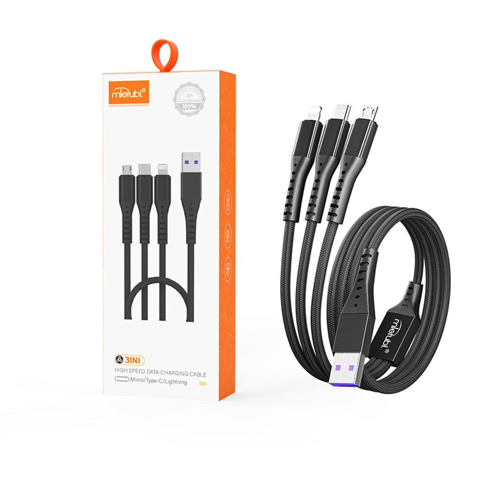 Кабель 3-in-1 Mietubl MTB-DCODT03 MicroUSB+Lightning+Type-C 66W 3A 1.2м Nylon Black