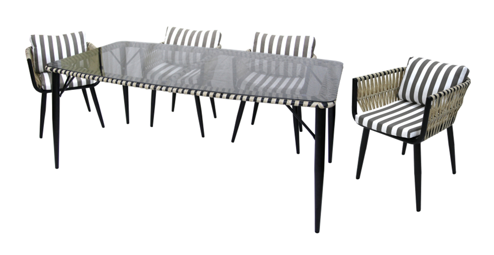 Набор мебели Garden Story Монте-Карло (4 кресла+стол 180х100см, каркас черный, ротанг жемчуг, ткань полоска )