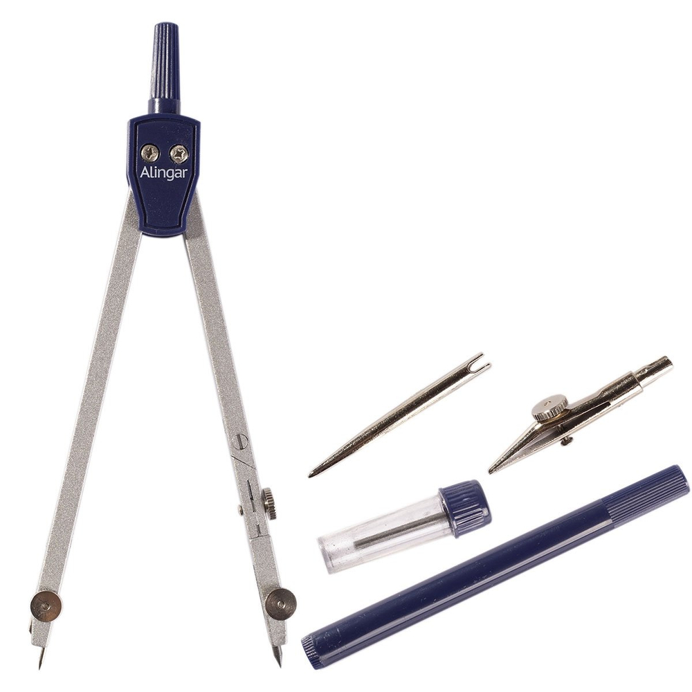 Готовальня Alingar, 5 предметов, металл. циркуль, удлинитель,точечная насадка, грифель, держ. для рейсф вставки,пласт. футляр, европодвес, синий