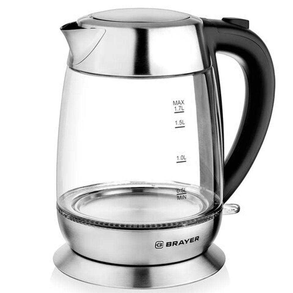 Чайник BRAYER BR1010, 1,7 л, 2200 Вт, закрытый нагревательный элемент, стекло, черный