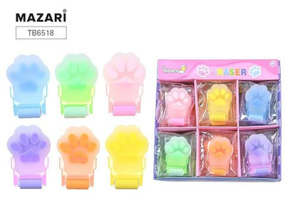 Ластик "ЛАПКИ" фигурный с роликом 3.5*5.3*1см,микс 6 цв (Mazari)