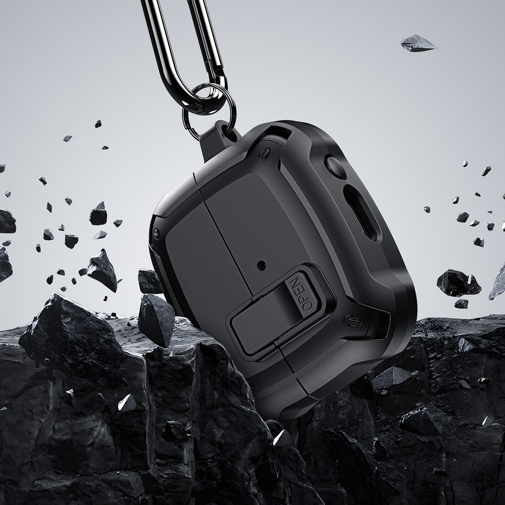 Усиленный чехол черного цвета от Dux Ducis для наушников Samsung Buds 3 и Buds 3 Pro, серия SECH Series Case, в комплекте с карабином