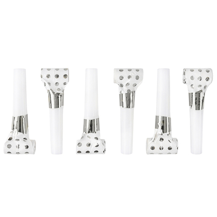 Карнавальные язычки гудки, Горошек, Белый/Серебро, Металлик, 6 см, 6 шт. в упак.