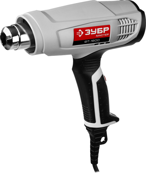 Фен технический (строительный), ЗУБР ФТ-1600, насадки 3 шт, 2 режима: 350град/ 350л/мин, 550град/ 550л/мин, коробка, 1600Вт