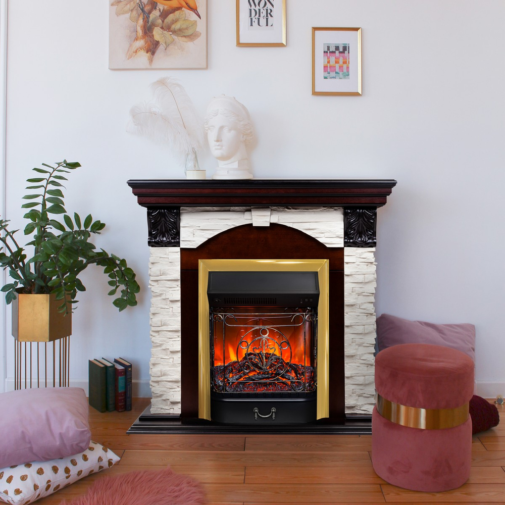 Электрокамин RealFlame Dublin Lux AO античный дуб с очагом Majestic Lux Brass