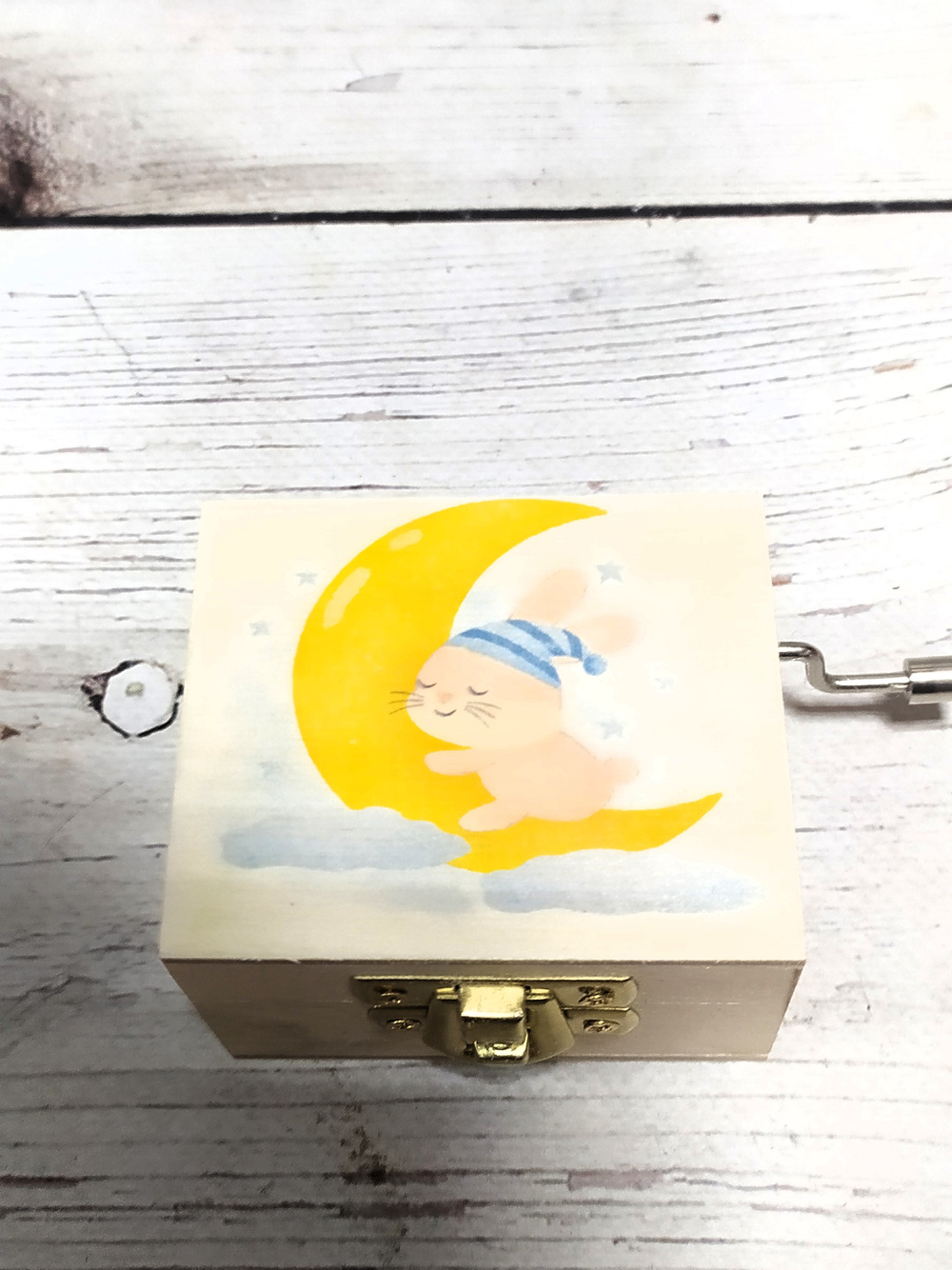 Музыкальная деревянная шкатулка-шарманка из массива Колыбельная Зайчик печать с мелодией Спи моя радость