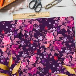 Ткань атлас фиолетовые розы на фиолетовом