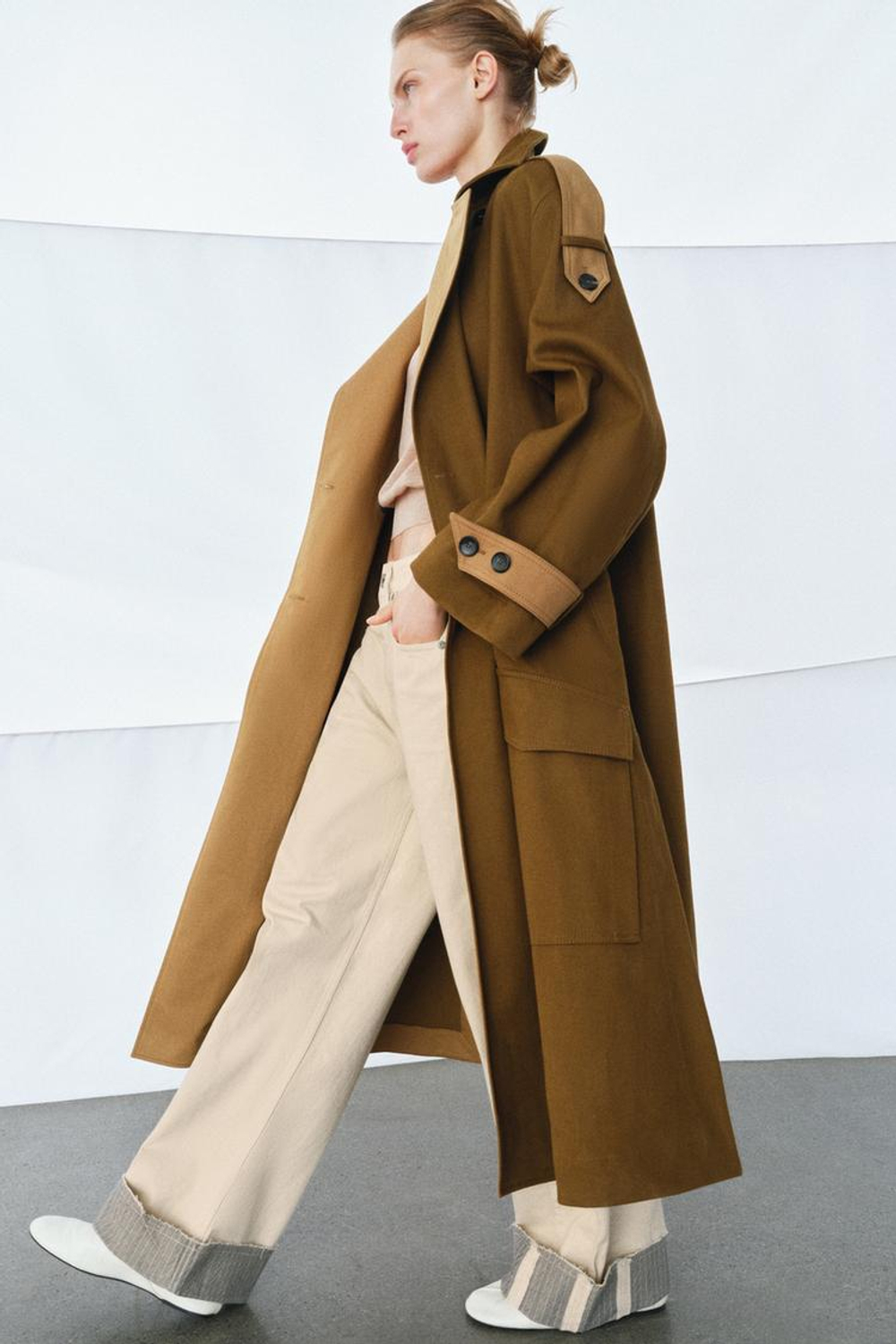 ZARA ДЛИННЫЙ КОМБИНИРОВАННЫЙ ТРЕНЧ — ZW COLLECTION, МЯГКИЙ КАШТАНОВЫЙ