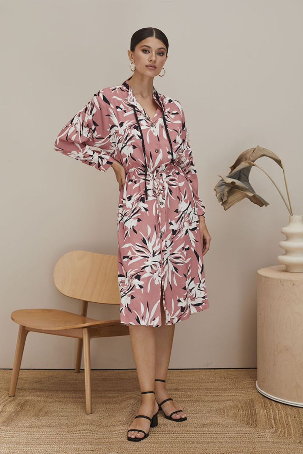 Платье на пуговках с цветочным принтом (Размер: XL-XXL) (Цвет: розовый)