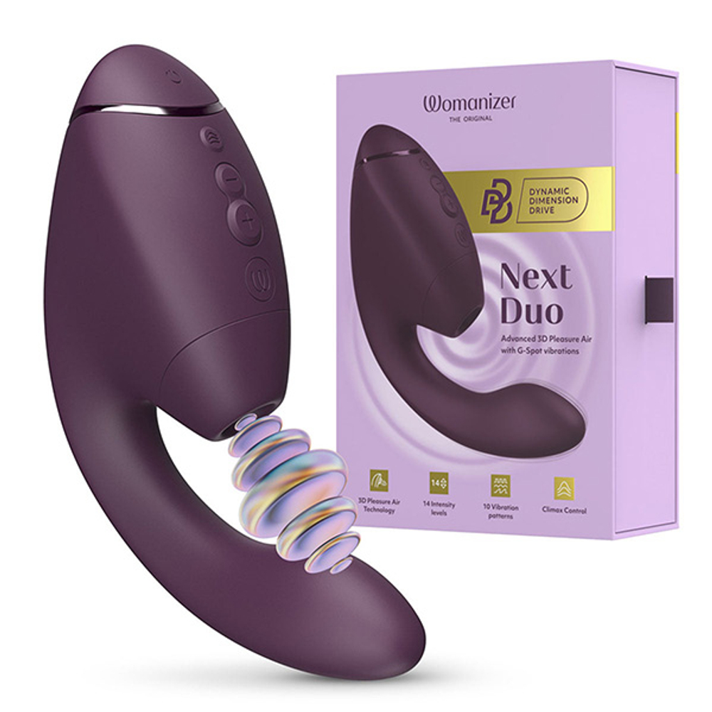 Фиолетовый вибратор 19,5см с вакуумным стимулятором Womanizer Next Duo Dark Purple WZ142SGD