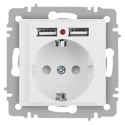 Розетка Intro Accent 6-410-01М с заземлением 2P+E Schuko со шторками 16А-250В + 2хUSB IP20 СУ белый матовый | Intro