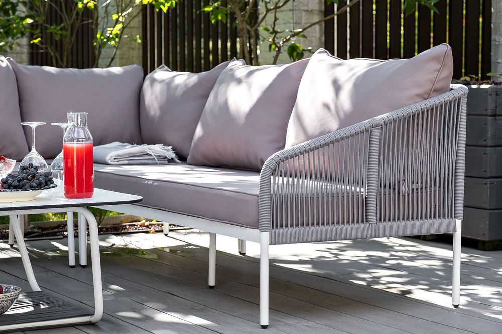 "Канны" диван модульный плетеный из роупа, каркас алюминий белый, роуп светло-серый круглый, ткань светло-серая