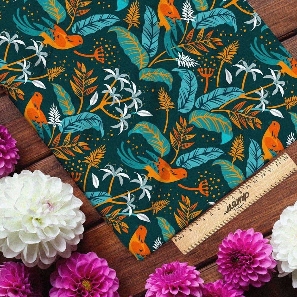 Ткань флис синие листья с оранжевыми птицами