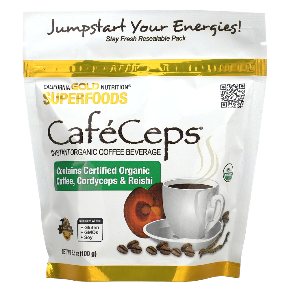 California Gold Nutrition, CafeCeps, сертифицированный органический растворимый кофе с порошком из органических грибов кордицепса и рейши полного спектра, 100 г (3,5 унции)