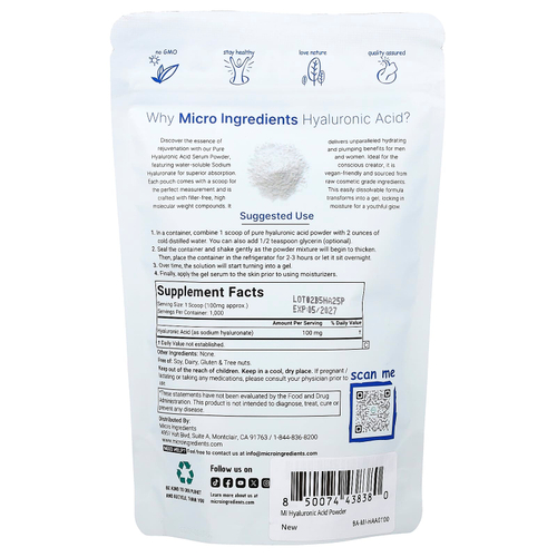 Micro Ingredients, гиалуроновая кислота, в виде порошка, 100 г (3,52 унции)