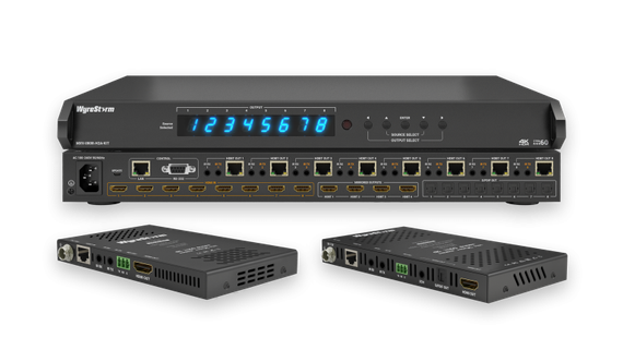 Wyrestorm MXV-0808-H2A-KIT - матричный коммутатор 8×8 4K60 HDBaseT с 8 приемниками в комплекте, 4K@60 (4:4:4) до 35м, FuLL HD до 70м, HDMI 2.0, HDCP 2.3, деэмбедирование аудио, EDID, LAN, RS-232, ИК, PoH