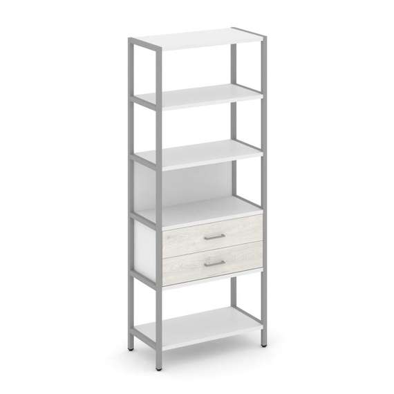 Shelf System Односекционный стеллаж пятиярусный с ящиками SN.STM-512 Белый/Дуб Наварра/Металл Серый