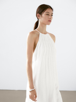 Massimo Dutti Длинное плиссированное платье со сборкой, натуральный, кремовый