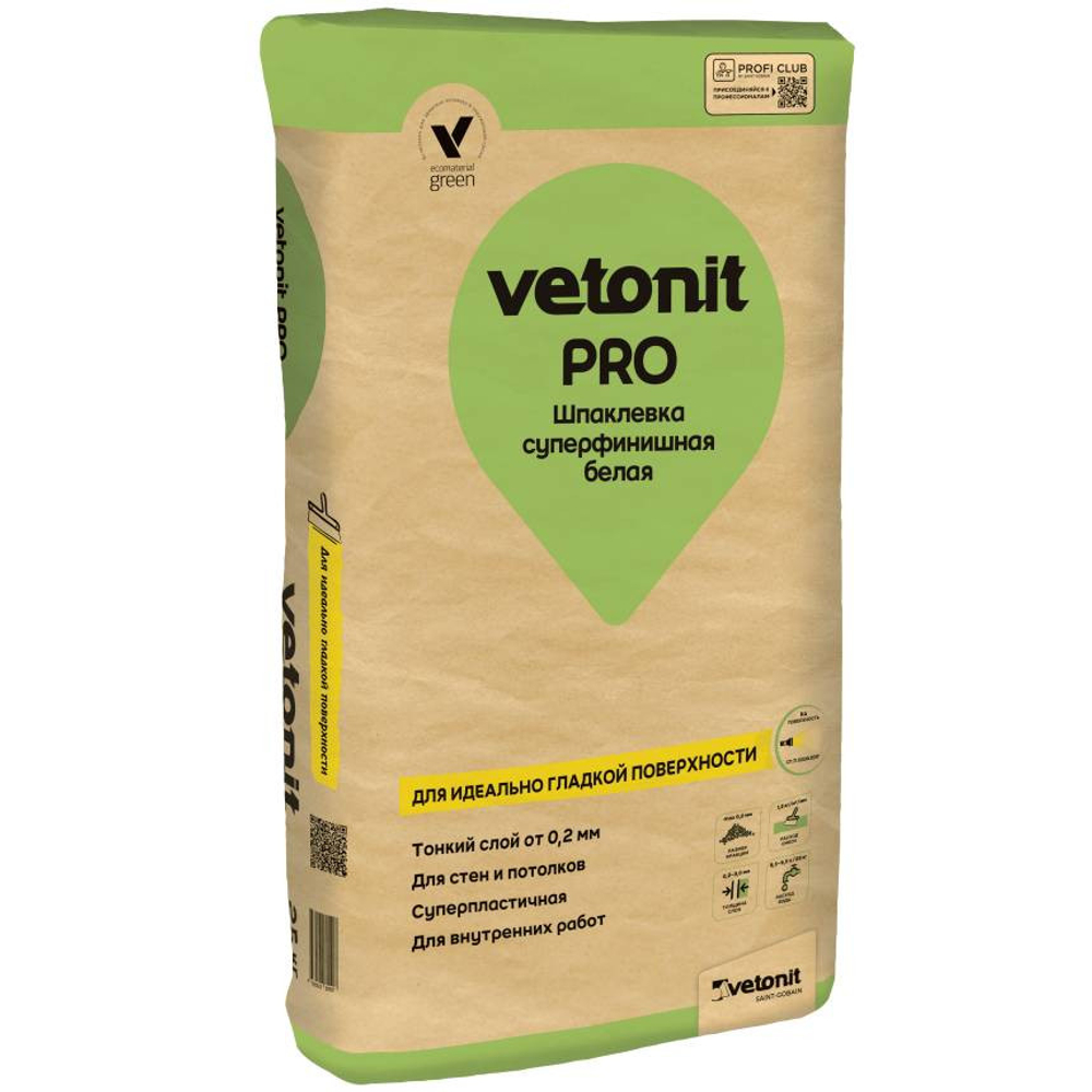 Шпаклевка суперфинишная полимерная Vetonit Pro белая 25 кг