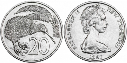 Новая Зеландия 20 центов, 1967 - 1985 Киви XF