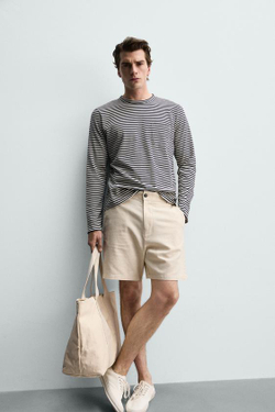 ZARA ШОРТЫ REGULAR FIT ИЗ РЕЛЬЕФНОЙ ТКАНИ, СВЕТЛО-БЕЖЕВЫЙ