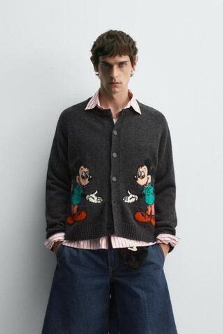 ZARA HARRY LAMBERT X DISNEY ШЕРСТЯНОЙ КАРДИГАН MICKEY MOUSE, УГОЛЬНЫЙ