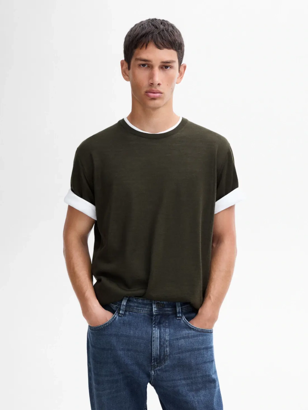 Massimo Dutti Футболка из мягкой ткани, темный хаки