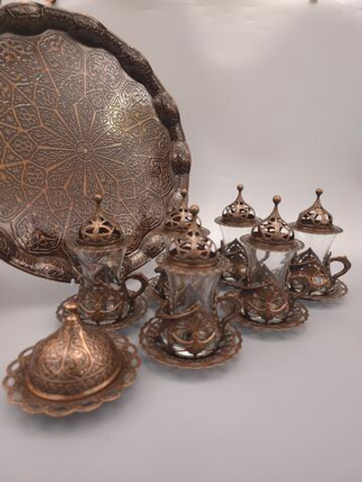 Чайный набор армудов "Султан" на 6 персон с лукумницей и подносом/ACAR. Турция (серебристый)