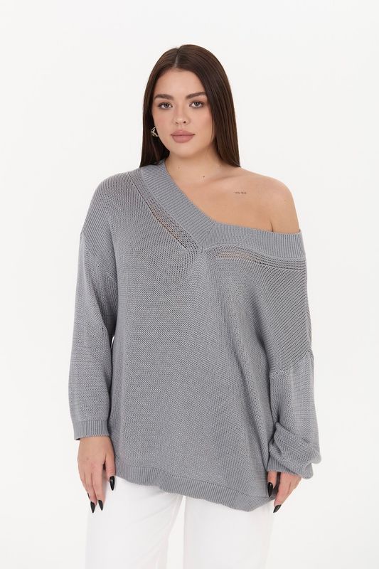 Джемпер вязаный на одно плечо, серый