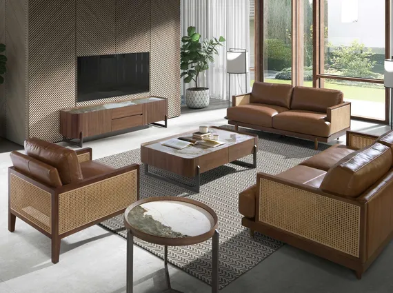 Кресло Angel Cerda 5113 из коричневой кожи и ротанга