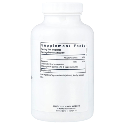 Vital Nutrients, Магний, глицинат + малат, 240 мг, 200 веганских капсул (120 мг на капсулу)