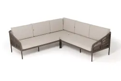 "Канны" диван модульный плетеный из роупа, каркас алюминий коричневый (RAL8016) муар, роуп коричневый круглый, ткань бежевая 035