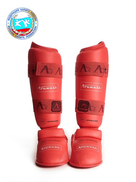 Защита голени и стопы для каратэ ARAWAZA красная (одобрено для соревнований)