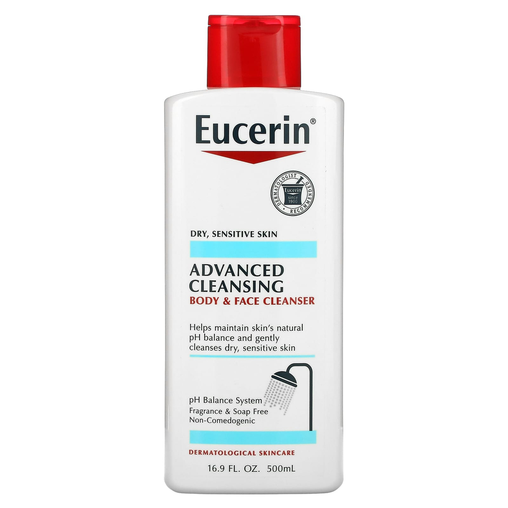 Eucerin, Advanced Cleansing, очищающее средство для тела и лица, без отдушек, 500 мл (16,9 жидких унций)