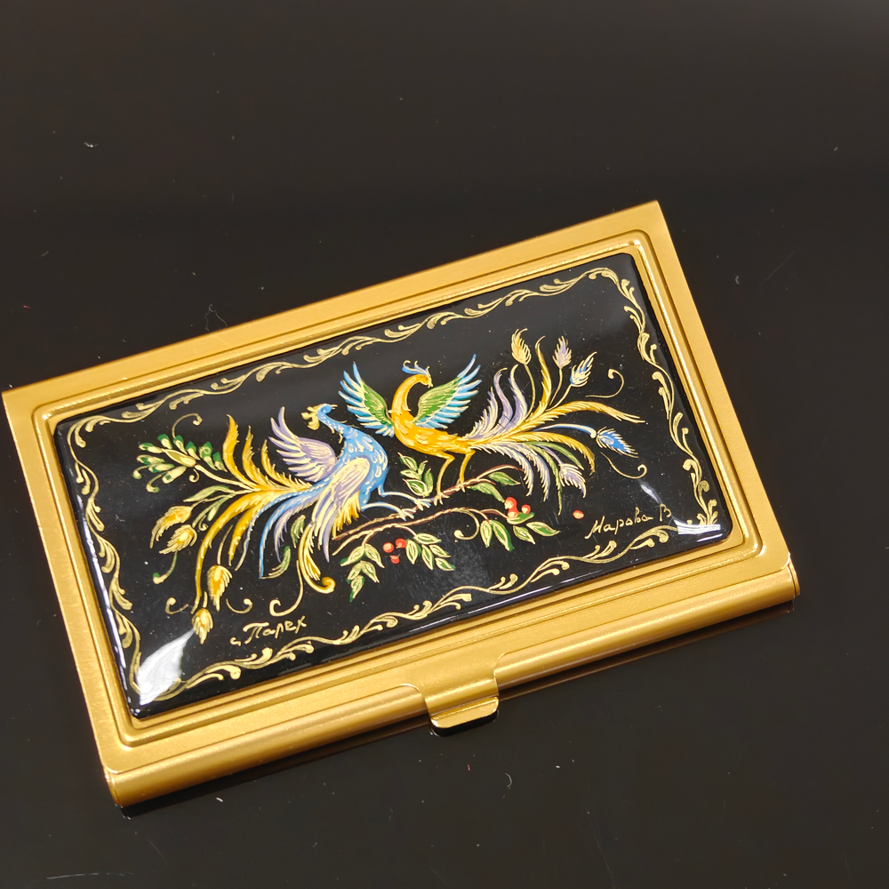 Визитница "Две Жар-птицы" (роспись Палех) желт.
