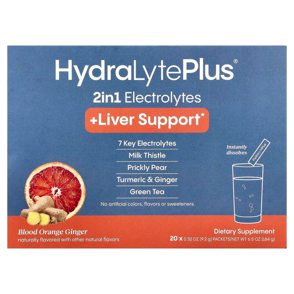 Hydralyte, HydraLyte Plus®, поддержка печени, красный апельсин и имбирь, 20 пакетиков по 9,2 г (0,32 унции)
