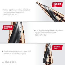 KRAFTOOL COBALT 6-30мм, 13 ступеней, азотирование, винтовая спираль, сверло ступенчатое(29691-6-30-13)