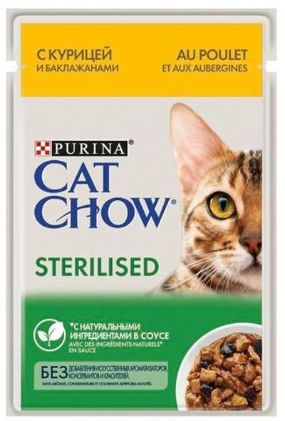 Влажный корм Cat Chow® для взрослых стерилизованных кошек с курицей и баклажанами в соусе, Пауч 85 г