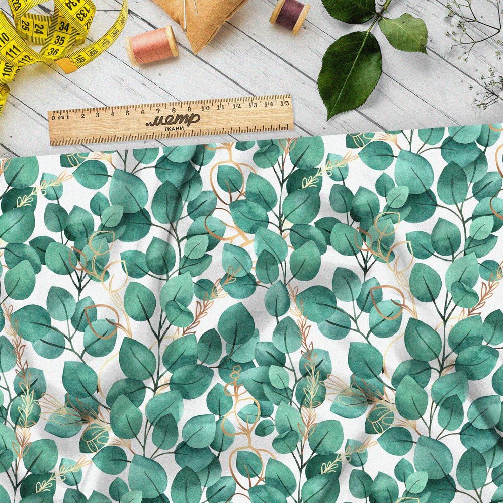 Ткань габардин листья бирюзовые