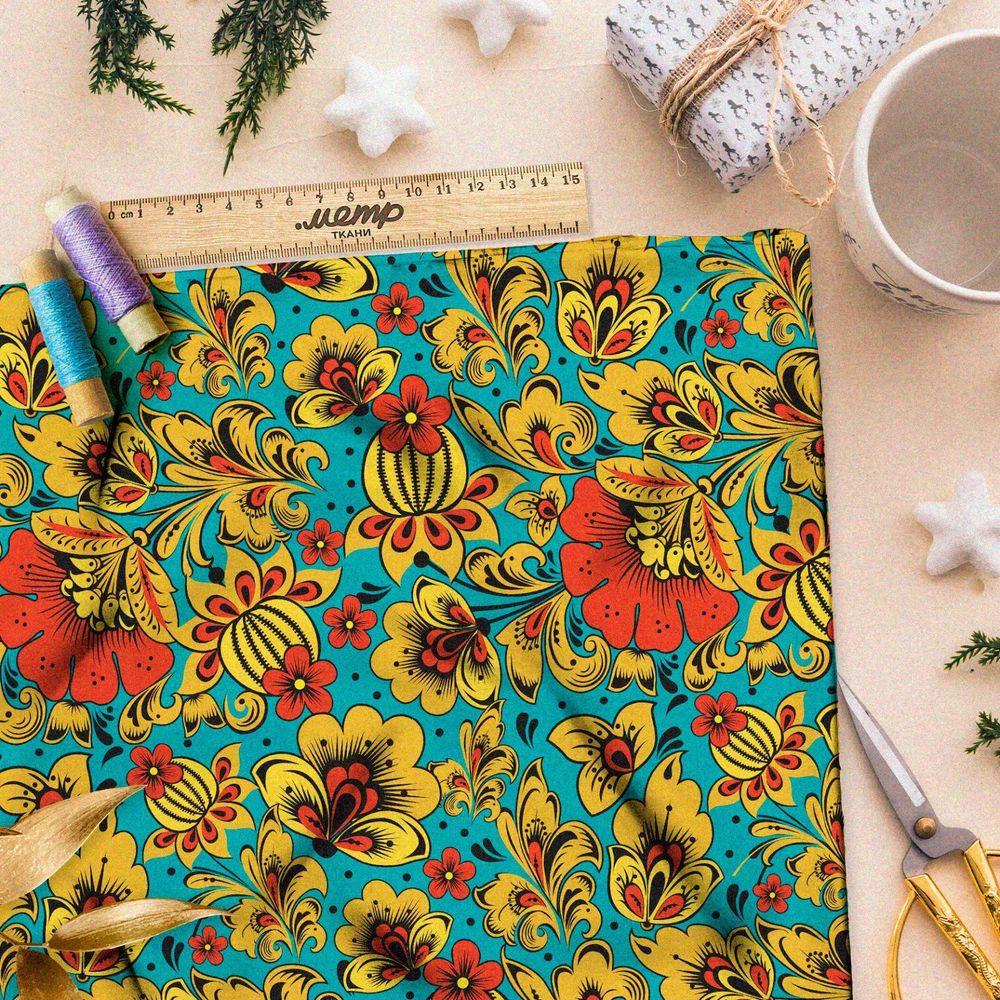 Ткань кулирная гладь хохлома из маков и кактусов на бирюзовом фоне