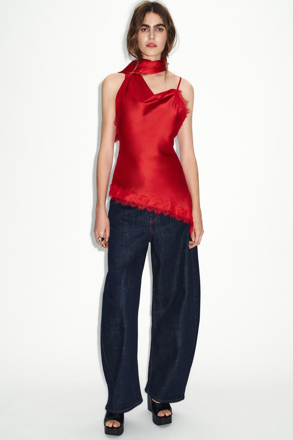 ZARA ТОП В БЕЛЬЕВОМ СТИЛЕ С КОМБИНИРОВАННЫМ КРУЖЕВОМ, КРАСНЫЙ