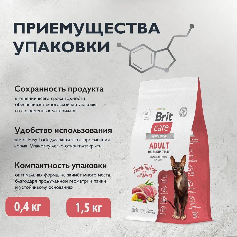 Сухой корм для взрослых привередливых кошек с уткой и индейкой Cat Adult Delicious Taste BRIT CARE 1,5кг