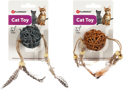 Игрушка для кошек Мячик с верёвками и перьями, древесина ивы, Flamingo