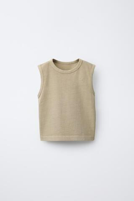 ZARA ФУТБОЛКА БЕЗ РУКАВОВ С ВЫШИВКОЙ, ПЕСОЧНЫЙ